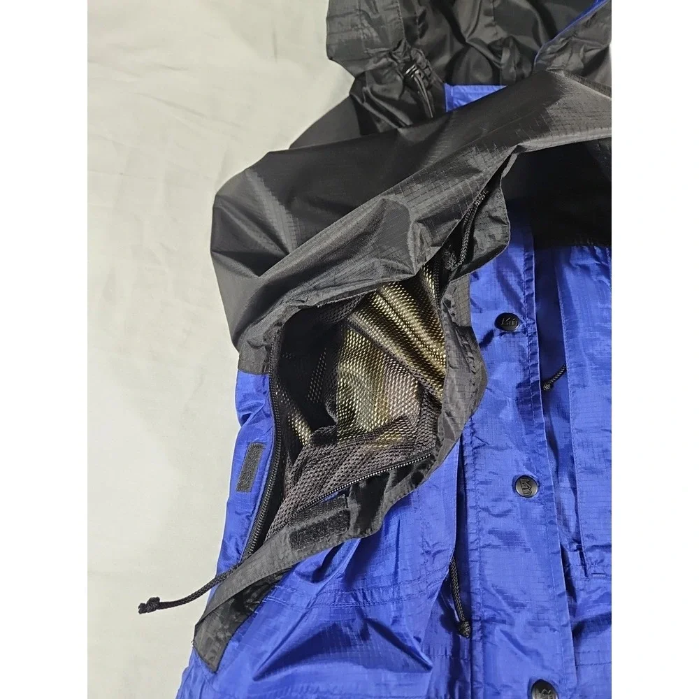 Vintage REI GoreTex Jacket Women M Blue Black Waterproof Hooded Rip Stop Zip Pit